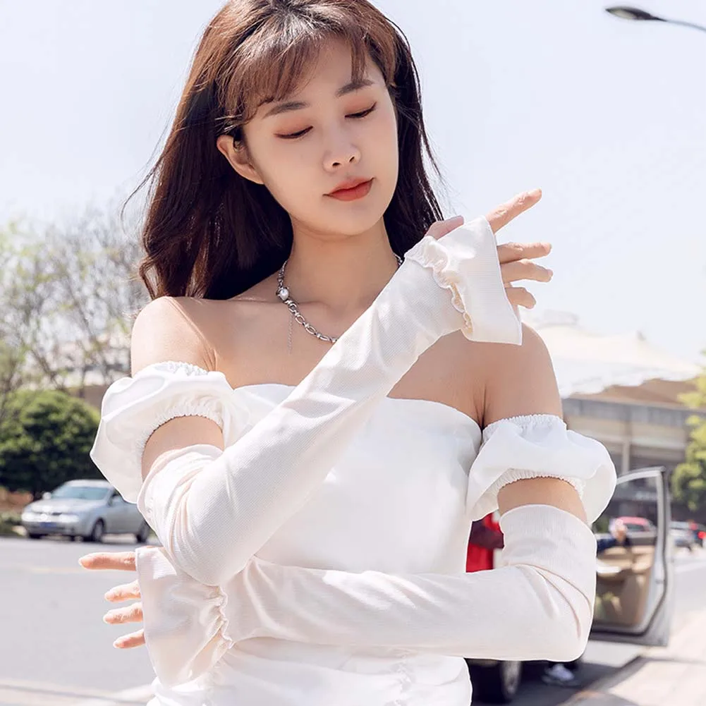 

1Pair Sun Protection Ice Arm Sleeves Female Thin Summer Loose Cycling Ice Silk Long Arm Gloves Leaking Finger Hand Sleeves