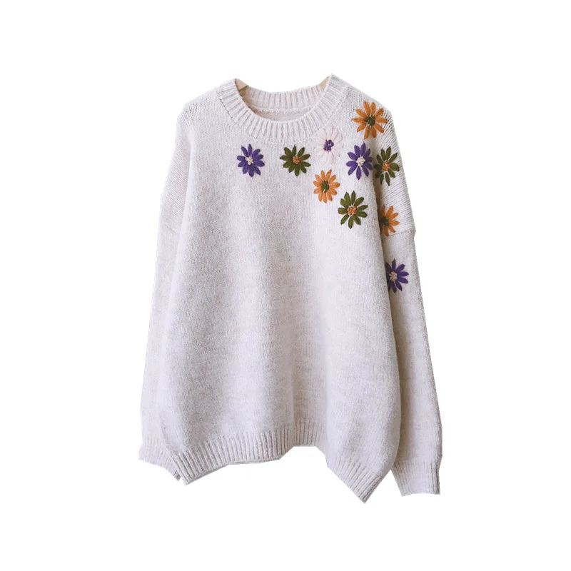 

Women Sweater 2021 Spring New Fashion O-Neck Hand Embroidery White Cute Knitting Sweater Oversized Sweater Korean