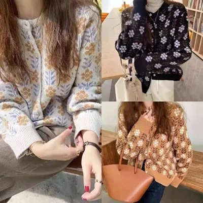 

Spring and Autumn Korean style foreign flower round neck sweater women's outer wear casual knitted cardigan long sleeve jacket