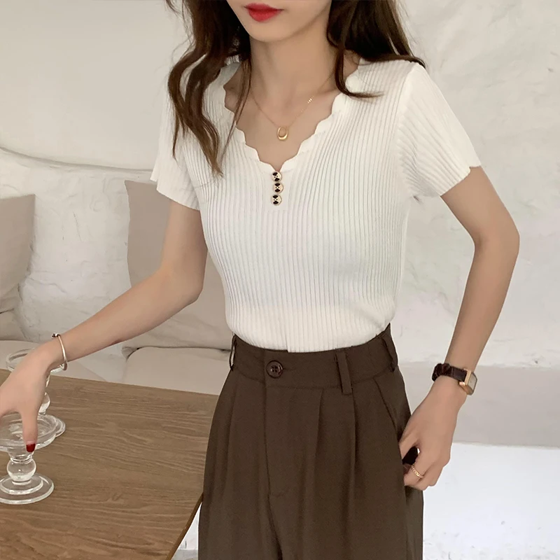 

2021 Summer Fashion Korean Commute Pullover Short Knitted Sweater Top Half Sleeve White V Neck Short Sleeved Woman Tee Tshirts