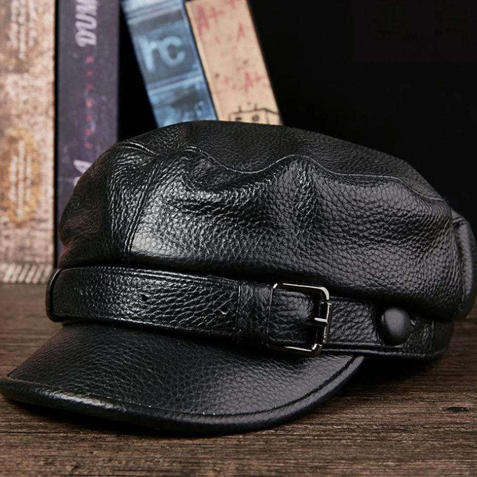 black cap LA SPEZIA брендовая военная шляпа моряка мужская коричневая натуральная коровья кожа зимние Baker кепки для мальчиков мужской ремень высокое качество шапка капитана - Цвет: black cap