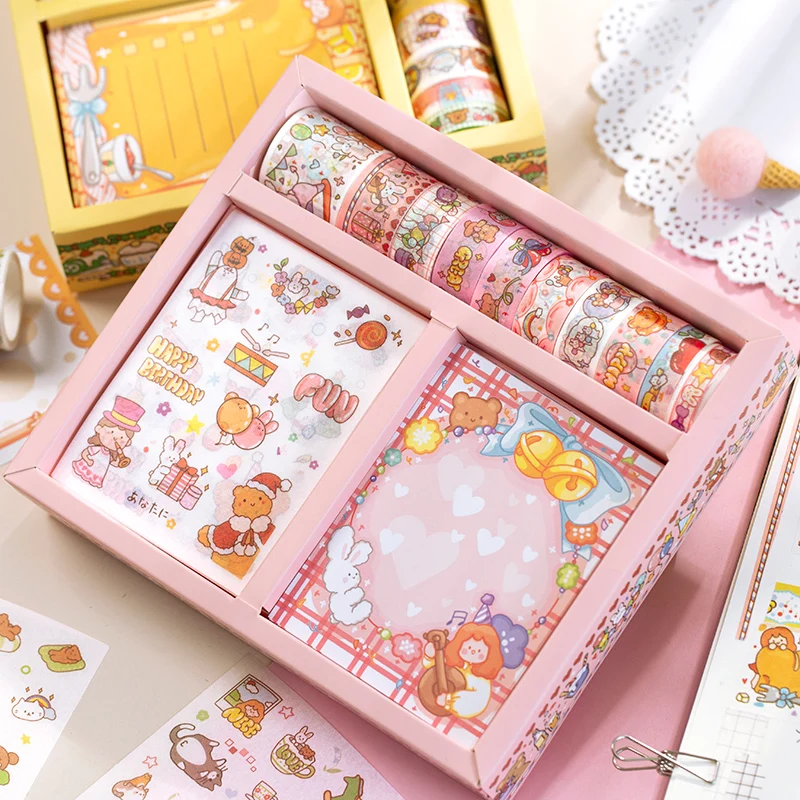 

Hand Account Tape Sticker Gift Box Kawaii Stamping Cartoon Chinoiserie Cute Color Printing Hand Account Set Sticker Stationery