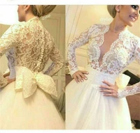 lace appliques 2020 deep v neck vintage long sleeve bow ball gown vestido de noiva beauty bridal dress bespoke wedding dresses