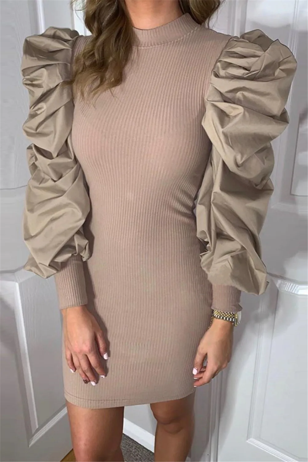 

Women's Knit Bodycon Sweater Dress Long Puff Sleeve Long Jumper Pencil Dresses