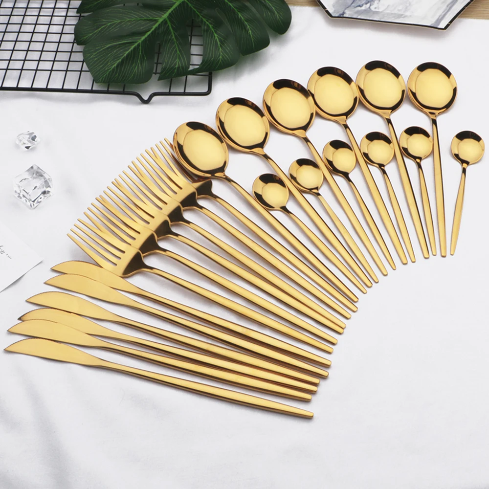 

Gold Cutlery Set 24 Piece Stainless Steel Tableware Set Knife Fork Spoon Teaspoon Kitchen Dinnerware Set Silverware Flateware