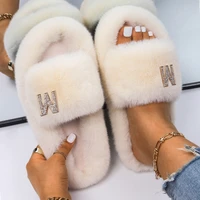 faux fur slippers 2021 womens rhinestone m letter custom fur slides luxury warm house fur flats sandals flip flops