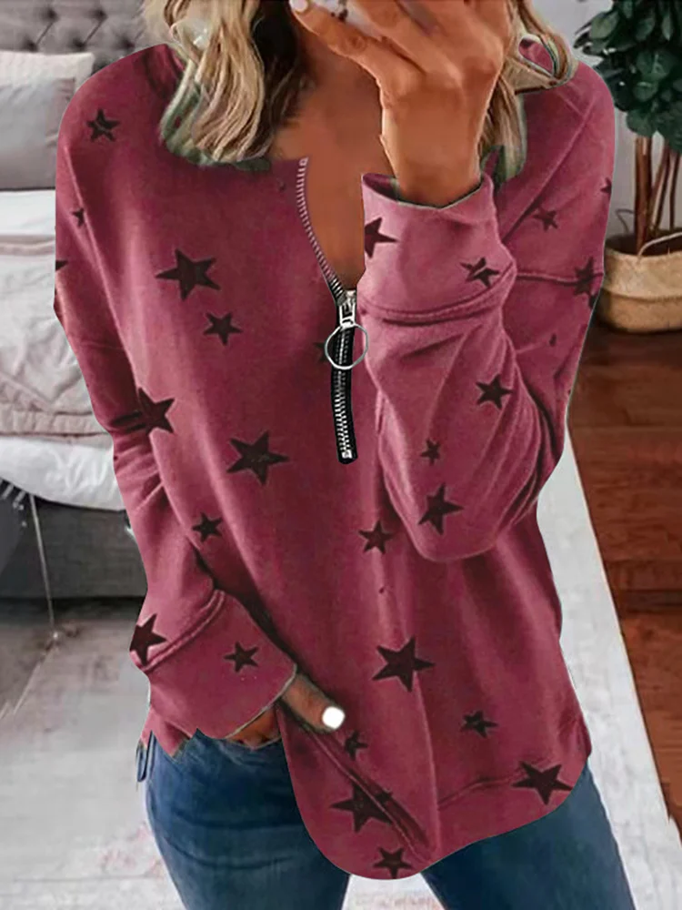 

Crewneck Winter Spring Sweatshirt With Zipper Print For Women 2022 Loose Casual Long Sleeve Top Star Pullovers Tracksuit Female