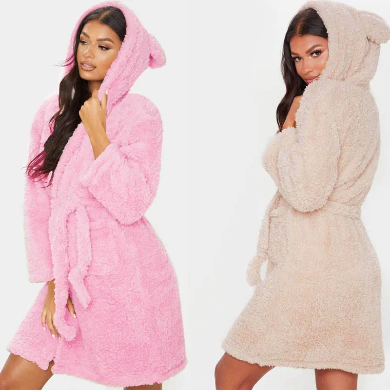 Women Warm Kimono Robe Plush Fleece Bathrobes Soft Long Sleeve Animals Ears Hooded Night-robe Loungewear Pajama Sleepwear | Женская