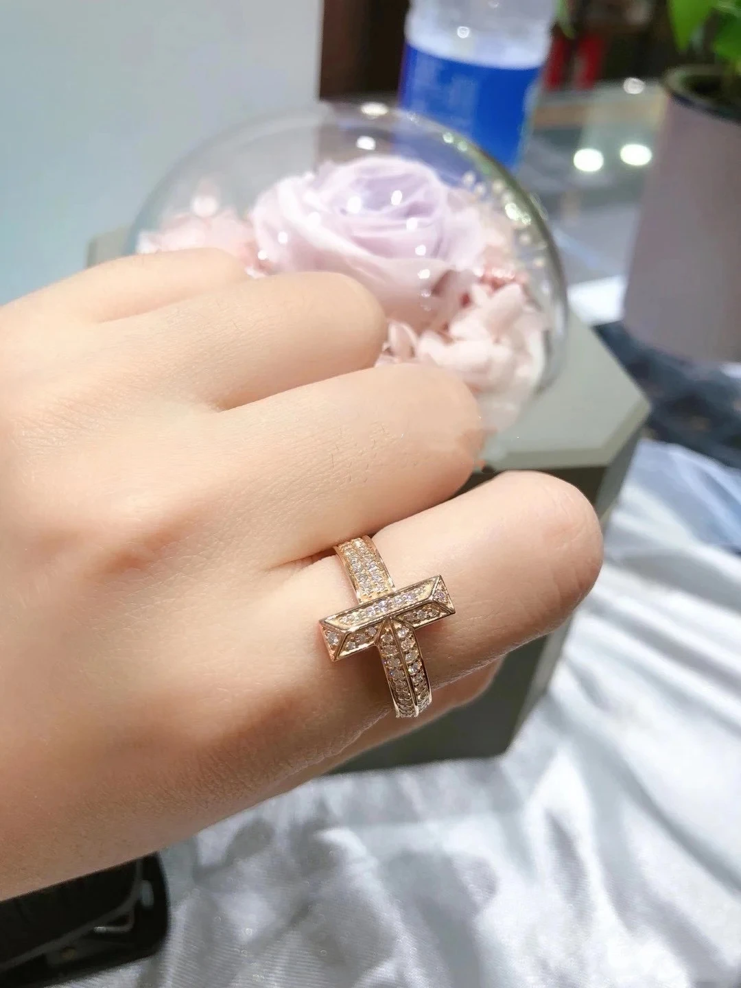

Lady silver S925 pure silver inlay zircon women's rose gold letters cross ring letter zircon ring