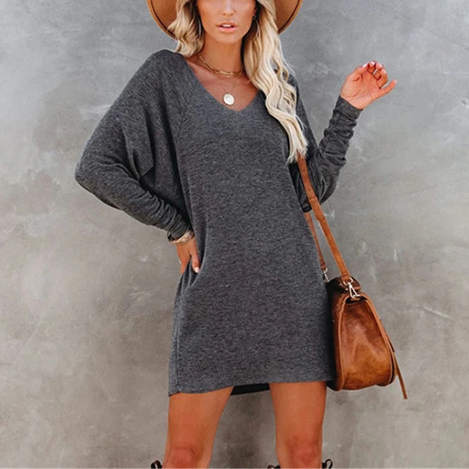 

2020 Winter Women's Dress Dresses For Party Soft Breathable Pure Cotton Long Skirt Solid Color Sleeve Fashion Sexy V-neck Design