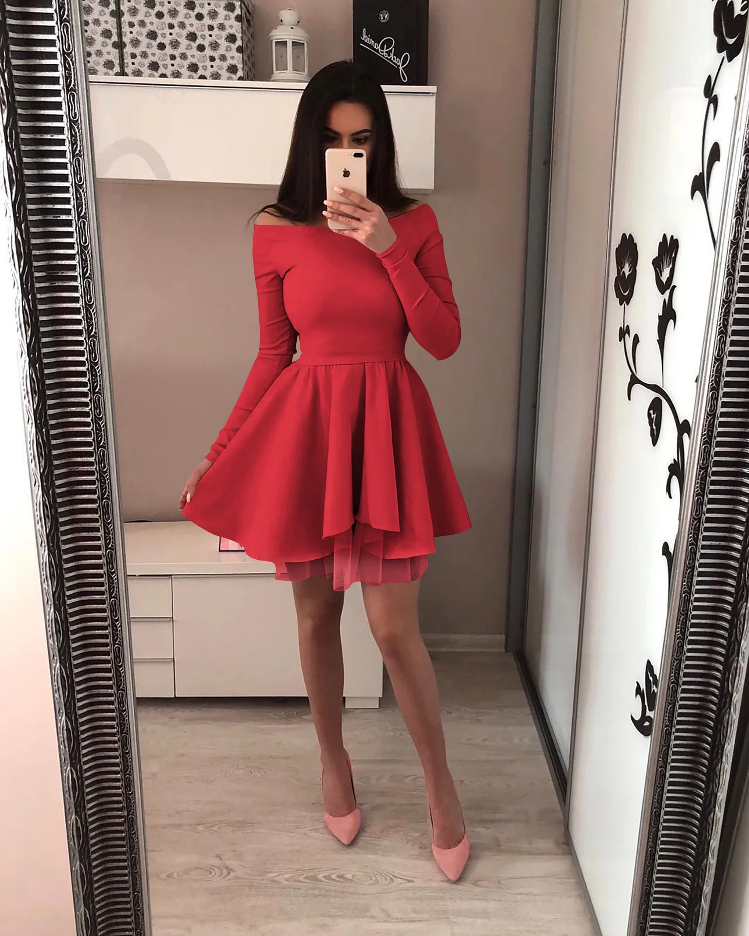 Женское модное кружевное платье с длинными рукавами, сексуальное однотонное платье принцессы с воротником красного и розового цвета, Vestoidos-85