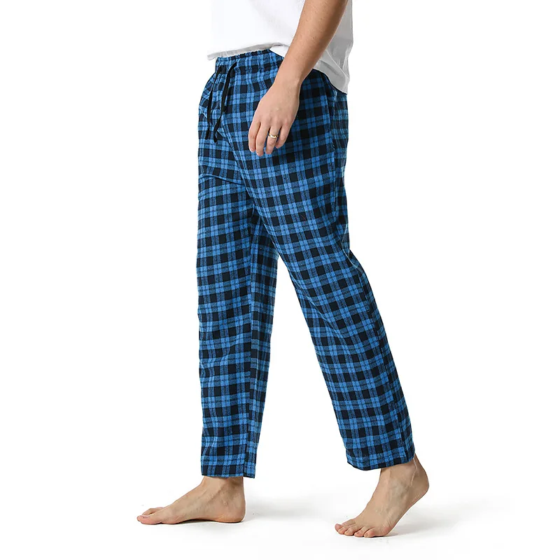 Blue Plaid Mens Pajama Bottom Pants Sleepwear Lounging Relaxed House PJs Pants Men Casual Drawstring Button Fly Pyjama Homme 3XL