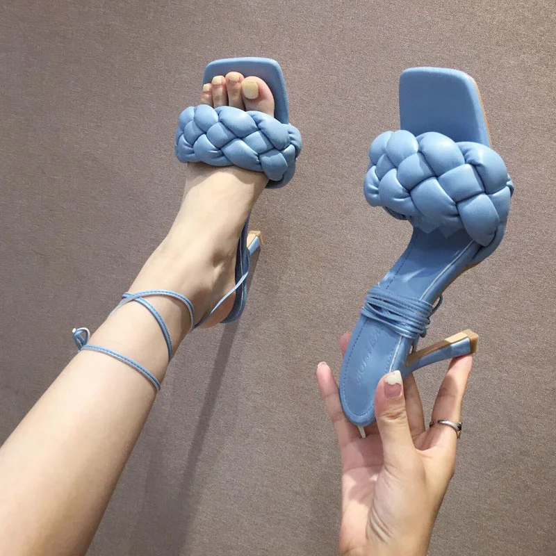 

Сандалии женские на тонком каблуке, босоножки-гладиаторы с квадратным открытым носком, плетеные туфли-лодочки с ремешком на щиколотке, боль...