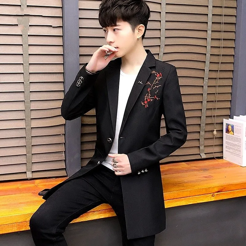 

Brand Men Medium Long Windbreaker Fashion Single Button Blazer Male Black Embroidery Long Sleeve Slim Casual Suit Jacket M-3XL