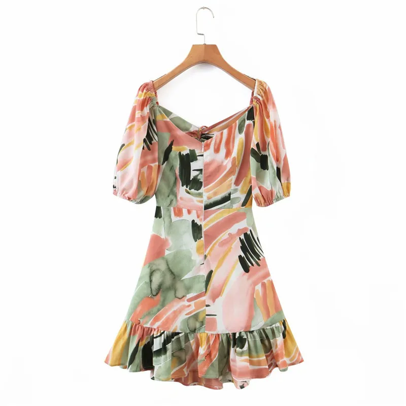 

2021 European and American summer new style holiday style round neck short-sleeved hollow leaking waist printed skirt dress