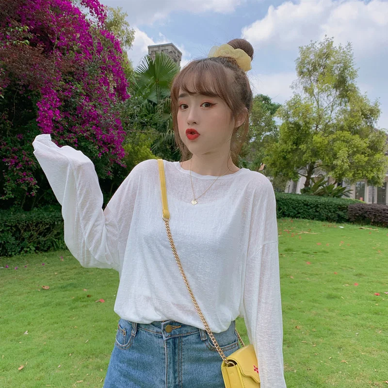

Long Sleeve Thin Purple Top Clothes T-shirt Shirt Women's Tulle Silk Blouse fafa_ootd