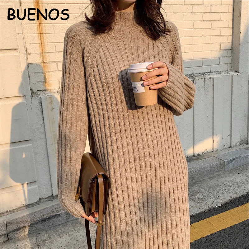 Женское трикотажное платье-свитер с высоким воротником и длинным рукавом |