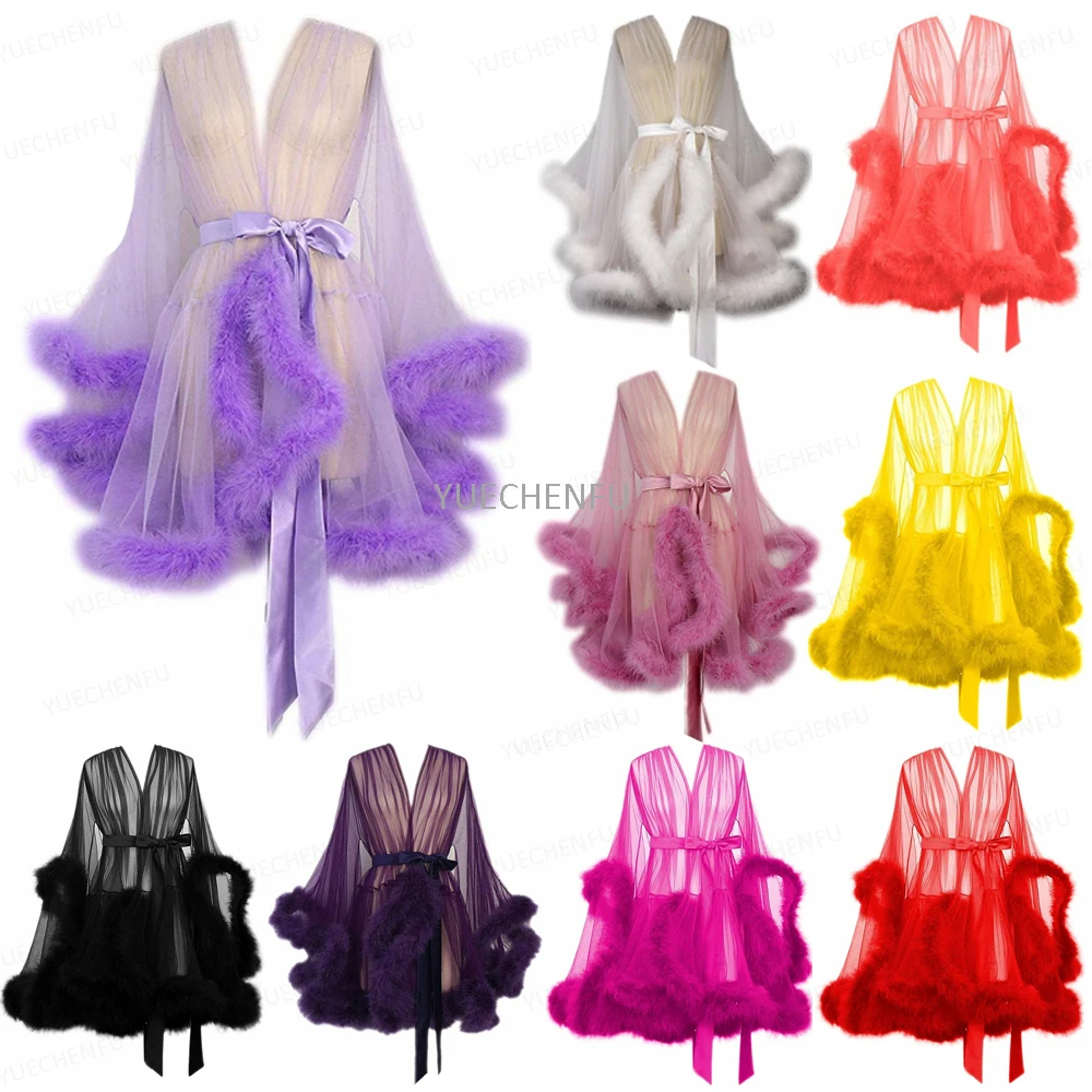 

Women Feather Bathrobe Short Sexy Feather Wedding Scarf Illusion Tulle Nightgown Robe Perspective Sheer Bathrobe Sleepwear