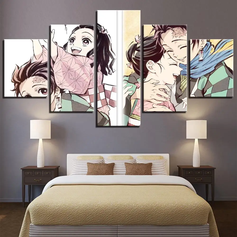

5 Piece HD Anime Demon Slayer Kimetsu No Yaiba Comic Art Canvas Paintings Art Home Room Modular Framework Decor Poster