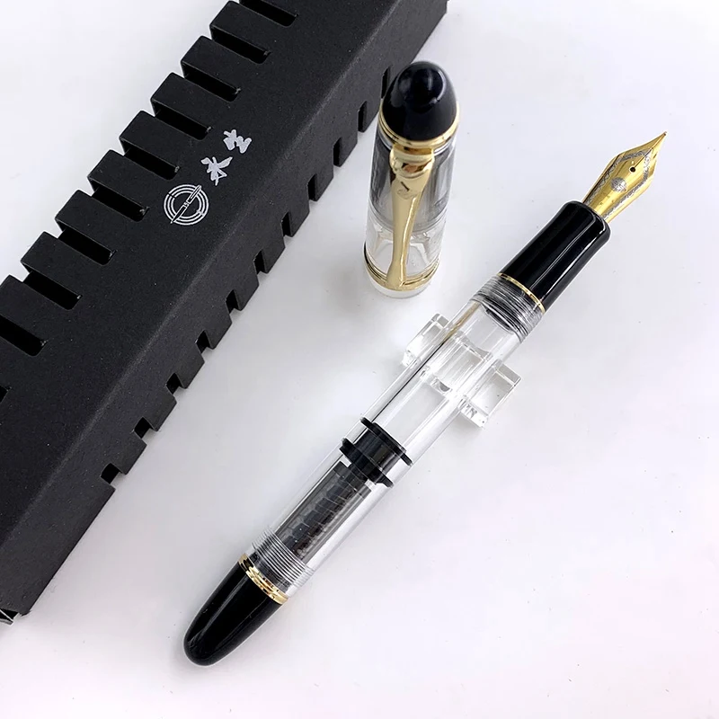 Перьевая ручка Wing Sung 699 полупрозрачная черная поршневая вакуумная чернильная с