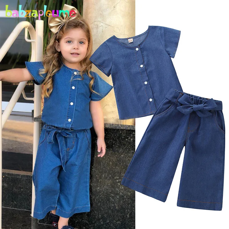 

2Piece 2-6Years Summer Baby Girls Clothes Set Fashion Denim Short Sleeve T-shirt+Loose Jeans Children Pants Kids Clothing BC1238