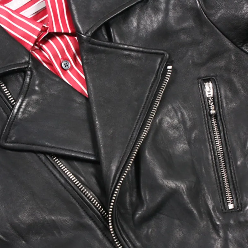 

Top Brand Classic Mens Slim Fit Sheepskin Genuine Leather Jacket Biker Zipper Punk Short Coat Motorycle Chaqueta Cuero Hombre