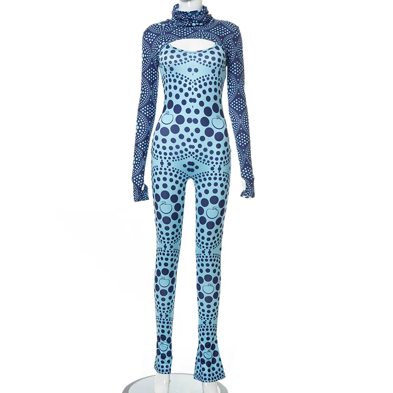 

Printed long-sleeved high-neck T-shirt skinny flared pants suit