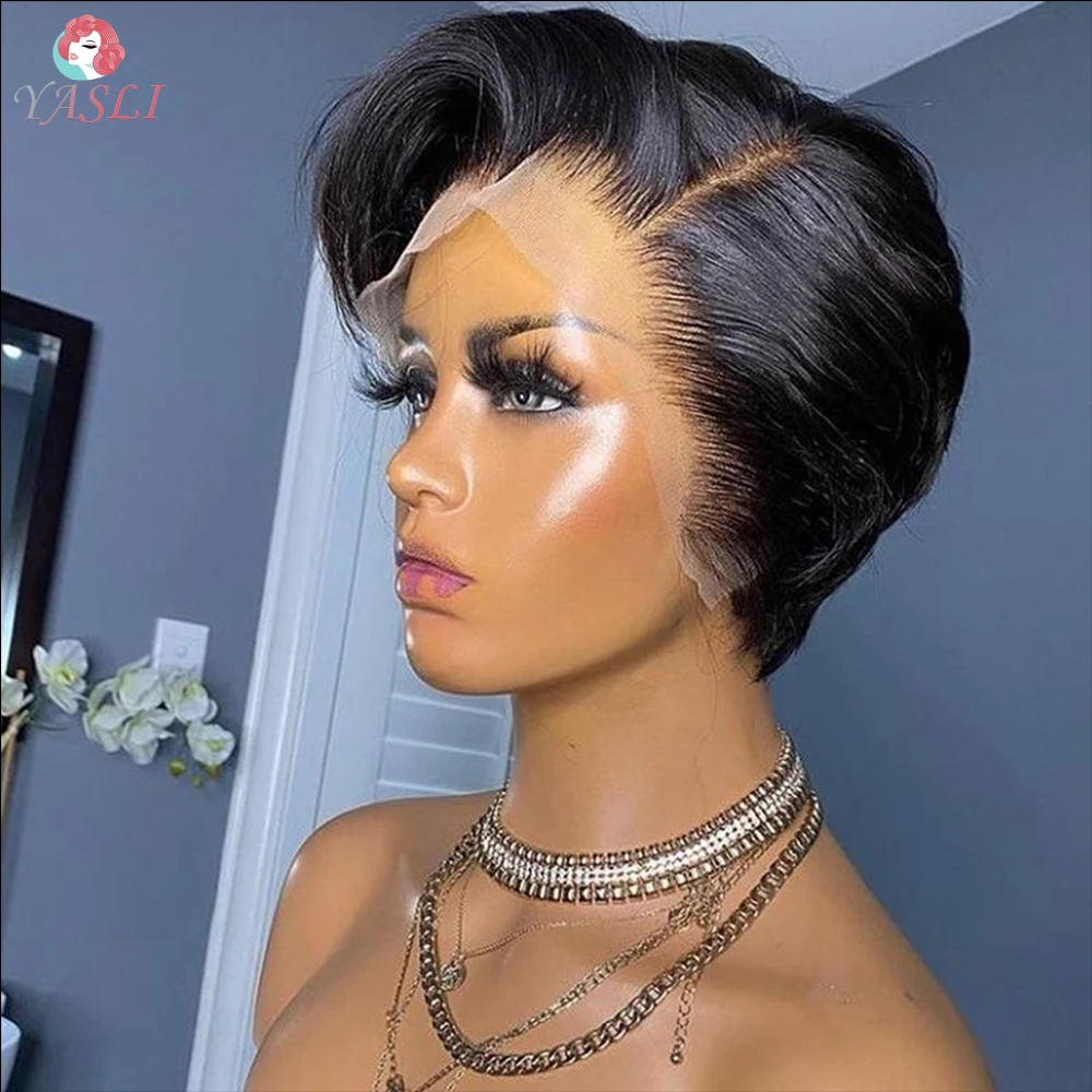 Straight Pixie Cut Wig T Part 13x4x1 Lace Human Hair Wigs Preplucked for Black Women Brazilian Bob Wig Transparent Lace Wigs