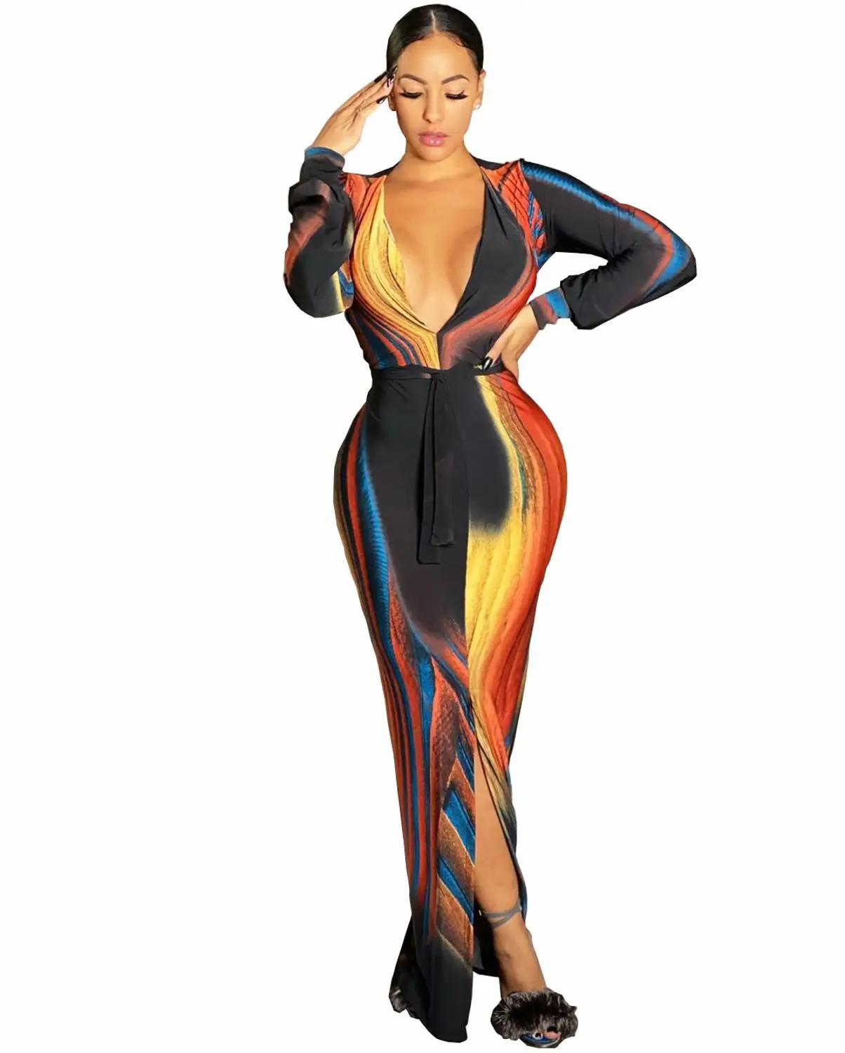 

Women Sexy Elegant Print Long Sleeve Tight Dress Fashion Colorful Deep V Neck Split Party Dress Autumn Winter Womens Clothes