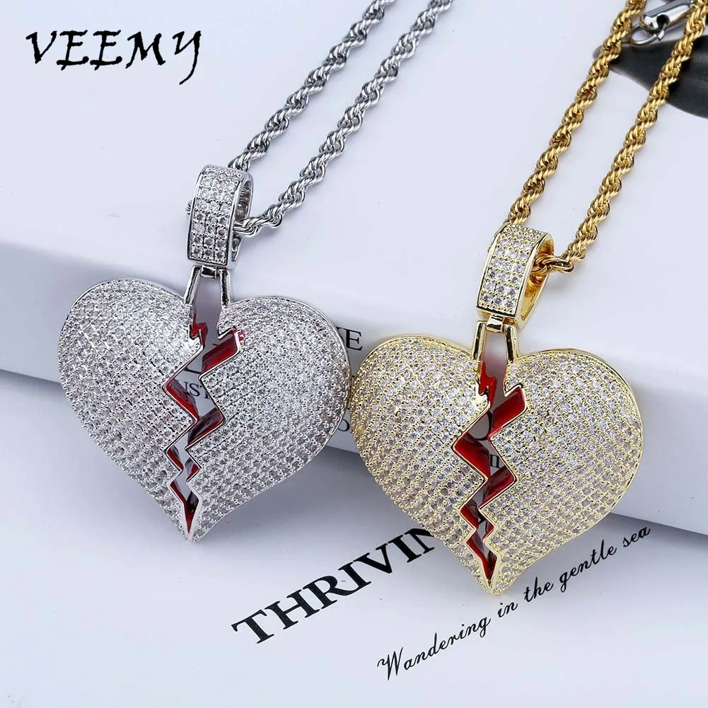 

VEEMY Broken Heart Iced Out Chain Pendant Necklace Statement Gold Color Cubic Zircon Necklace Hip Hop Jewelry Gift Men Women