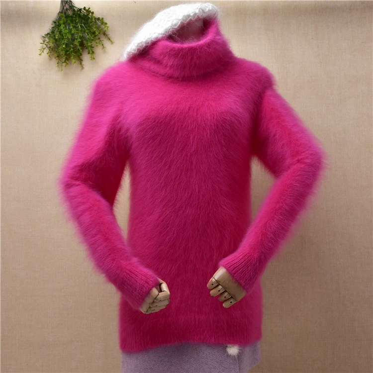 

ladies women fashion pull rose hairy plush mink cashmere knitted turtleneck slim blouses pullover angora fur jumper sweater tops