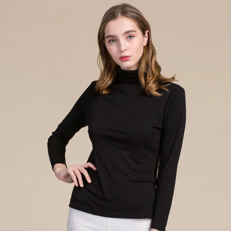 

70%Silk 30% Wool High Collar Bottom Sweater Lady's Pure Color Long Sleeve Knitted Sweater Korean Version Slim Pullover Sweater