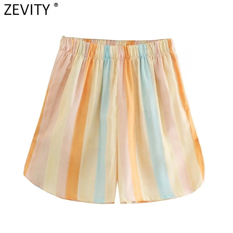 

Женские модные шорты-бермуды Zevity, повседневные модные шорты контрастных цветов в полоску с эластичным поясом, P1202