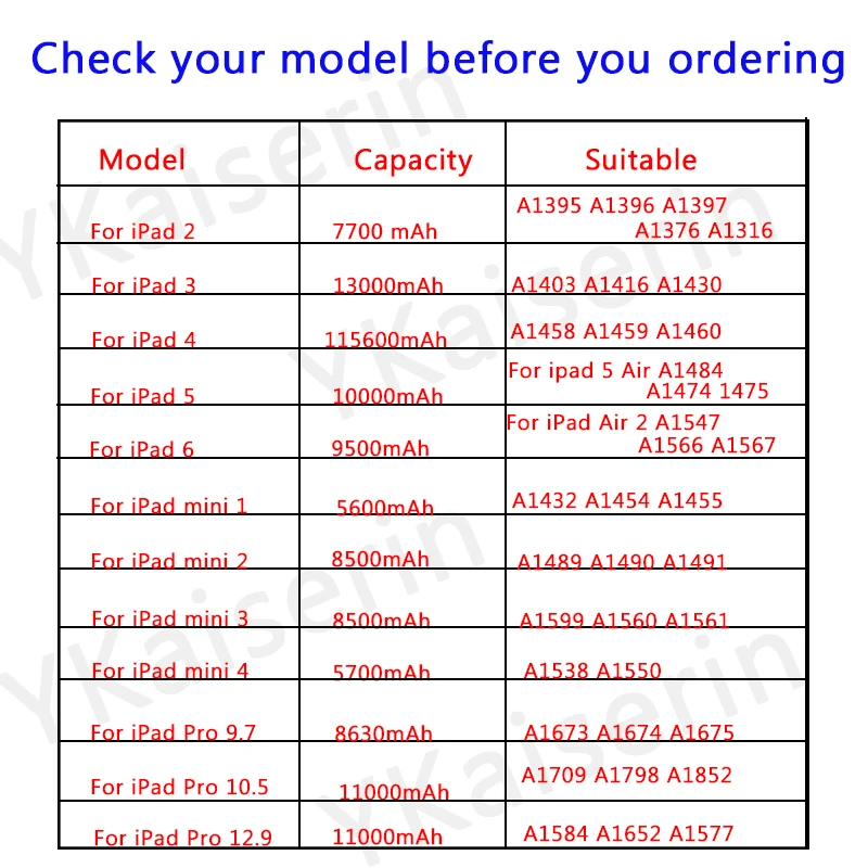 Батарея для Apple IPad iPad 1/2/3 4/5 Air /6 2 A1315 A1219 A1337/A1395 A1396 A1397/ A1403 A1416/A1484 A1474/A1547 A1566 |