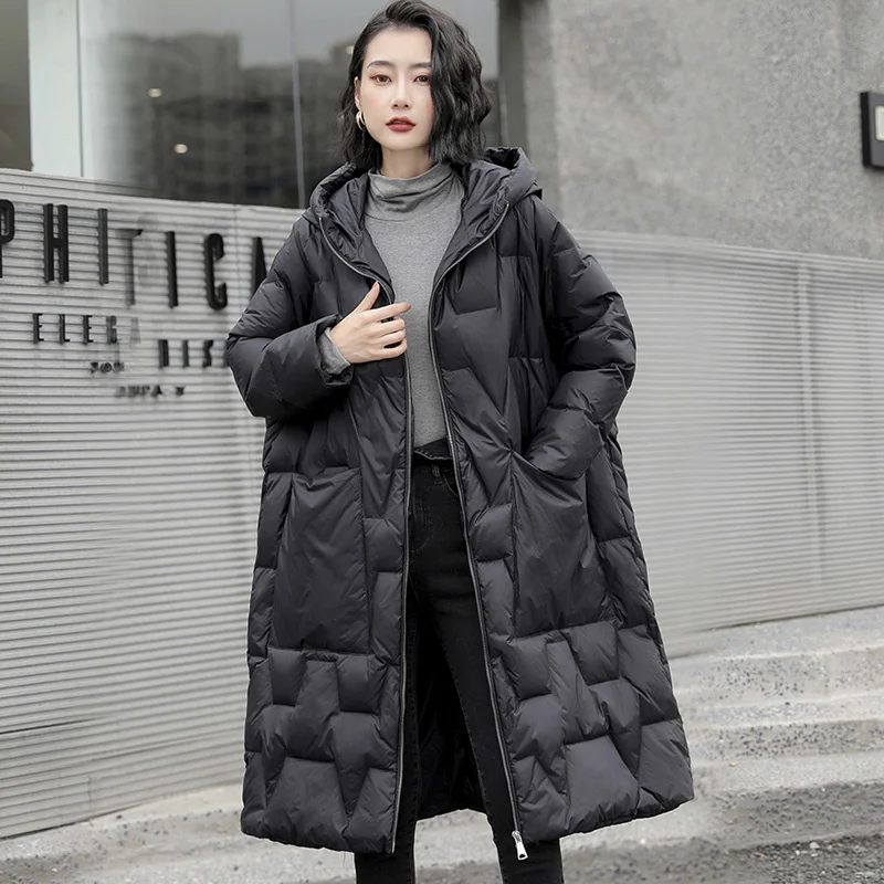 

Janveny jaqueta feminina de inverno com capuz, casaco longo casual para baixo 90% pato solto com zíper bolso neve