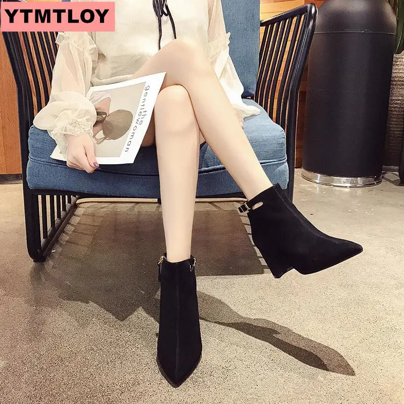 Женские ботильоны из замши на Высоком толстом каблуке черные ботинки-гладиаторы