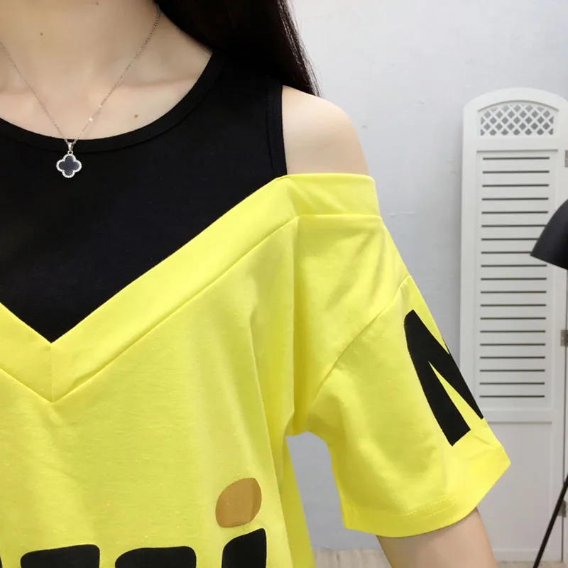 

Women T Shirt Off Shoulder Summer Top For Women Short Sleeve Kawaii plus size T-Shirt Women O- Neck Cotton funny t shirts White