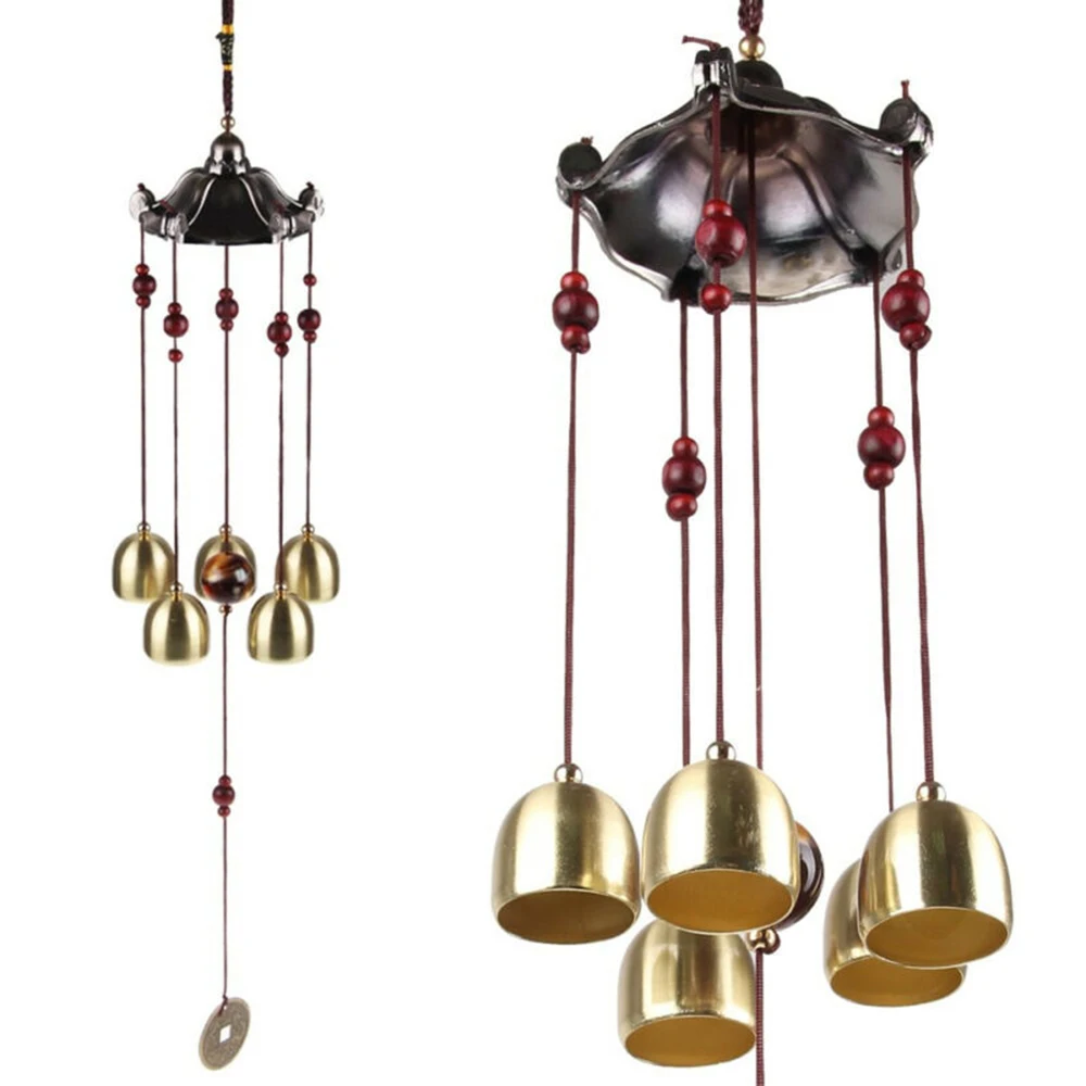 

​1* 55*7cm Wind Chime 5 Copper Bells Hanging Metal Wind Chimes Outdoor Ancient Coin Decor Garden Yard