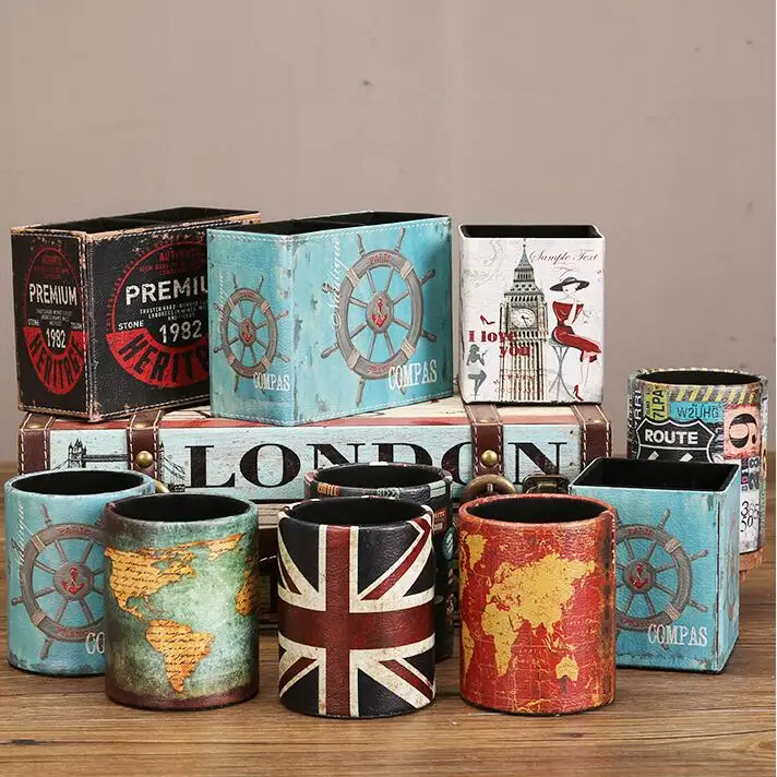 Sharkbang винтажный Настольный держатель для ручек из искусственной кожи органайзер