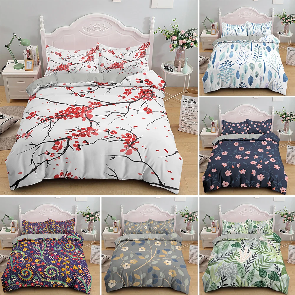 

Tropical Plants Leaves And Flowers Duvet Cover With Pillowcase Colorful Green Bamboo Single King Queen Bedding Sets 2/3pcs