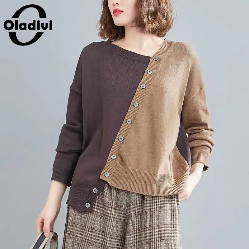 

Модные женские свитера Oladivi в стиле пэчворк, Осень-зима 2021, вязаные пуловеры оверсайз, Женская Повседневная Свободная трикотажная одежда, ве...