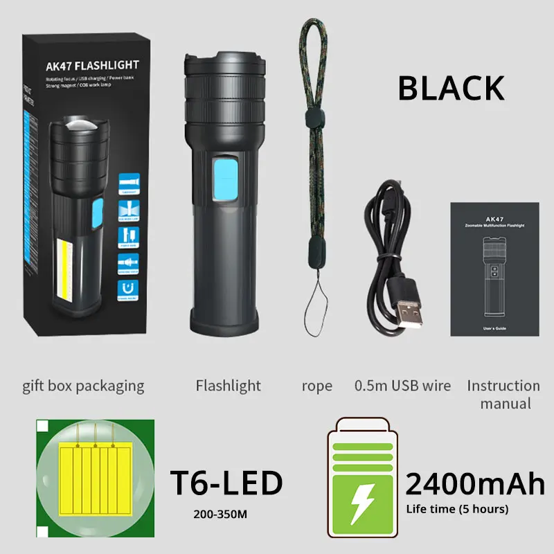BLACK-T6-2400mAh Высококлассный светодиодный фонарь для кемпинга, мобильный фонарь с двойным боковым светом, перезаряжаемый супер яркий фонарь с магнитом - Испускаемый цвет: BLACK-T6-2400mAh