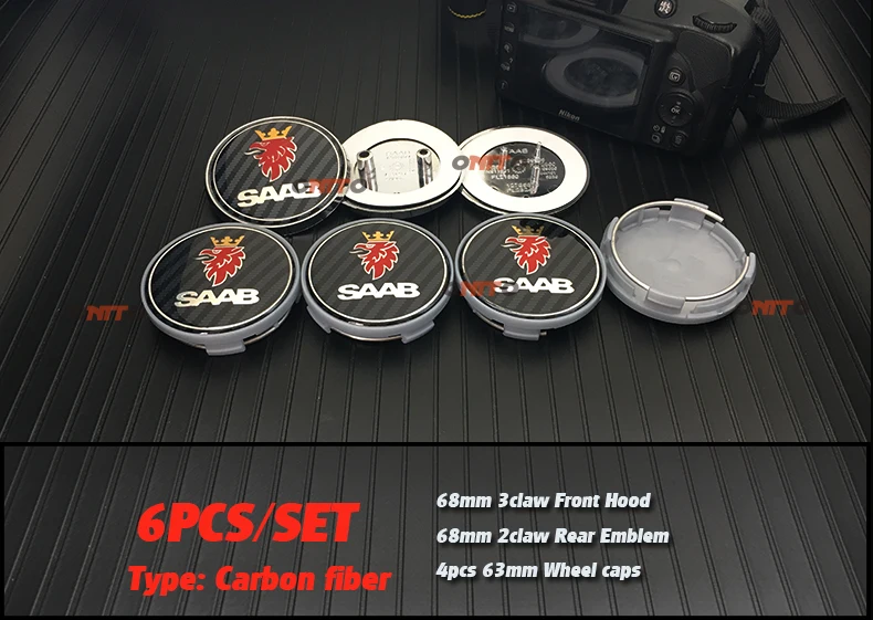 

6PCS Car Accessorie 63mm Wheel Center Cap Rim Hub Cap front/trunk 68MM For 9-3 9-5 93 95 BJ S carbon black Emblem Styling