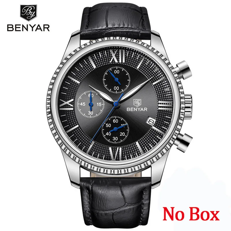 Black No Box BENYAR, мужские часы, модные/спортивные/кварцевые часы, мужские наручные часы, мужские часы, Топ бренд, роскошные кожаные часы для мужчин, Relogio Masculino - Цвет: Black No Box