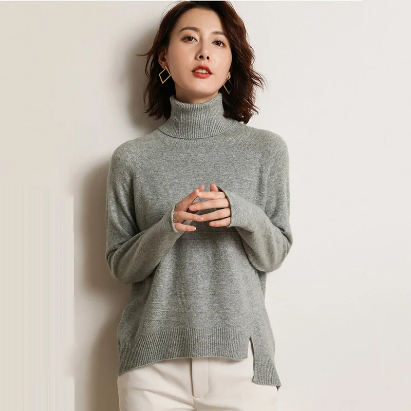 Вязаный свитер с разрезом свободный высоким воротом женский зимний корейский
