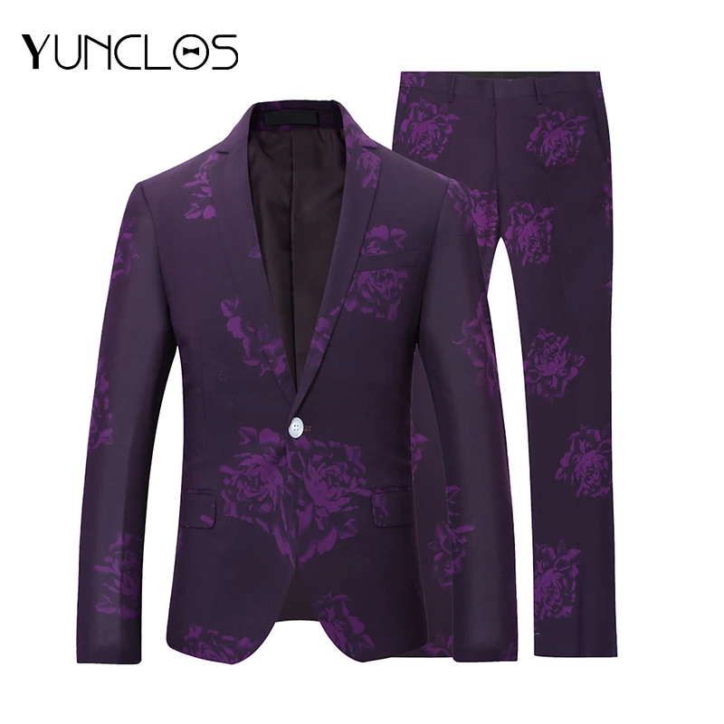 

YUNCLOS, фиолетовый, большой пион, жилет Mariage Homme, свадебные костюмы для мужчин, банкетный смокинг, приталенный мужской костюм из 2 предметов, XS-4XL