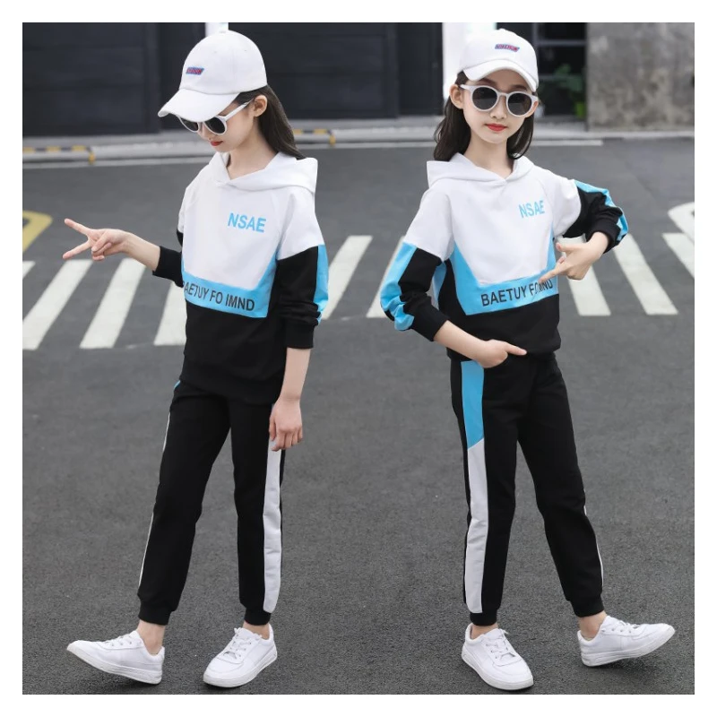 

2021 new wholesale autumn children's suit girls two-piece girl color-blocking sweater + trousers suit