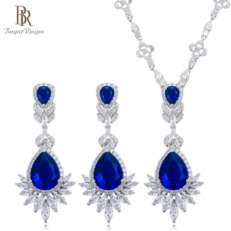 

Bague Ringen Luxury Charms Jewelry Sets for Women Water Drop Shaped Silver 925 Jewelry Aquamarine Necklace Earrings Wholesale