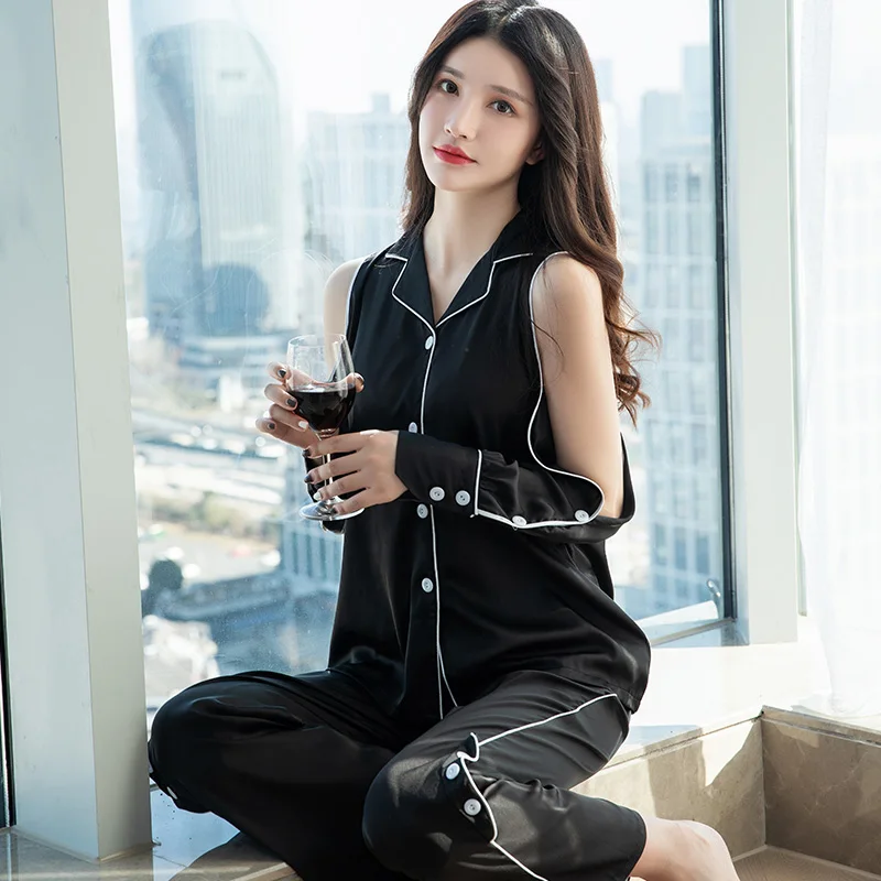 

Sexy Long-Sleeved Pajamas Women's Summer Ice off-Shoulder Black Suit Korean Simple Artificial Silk Spring and Autumn