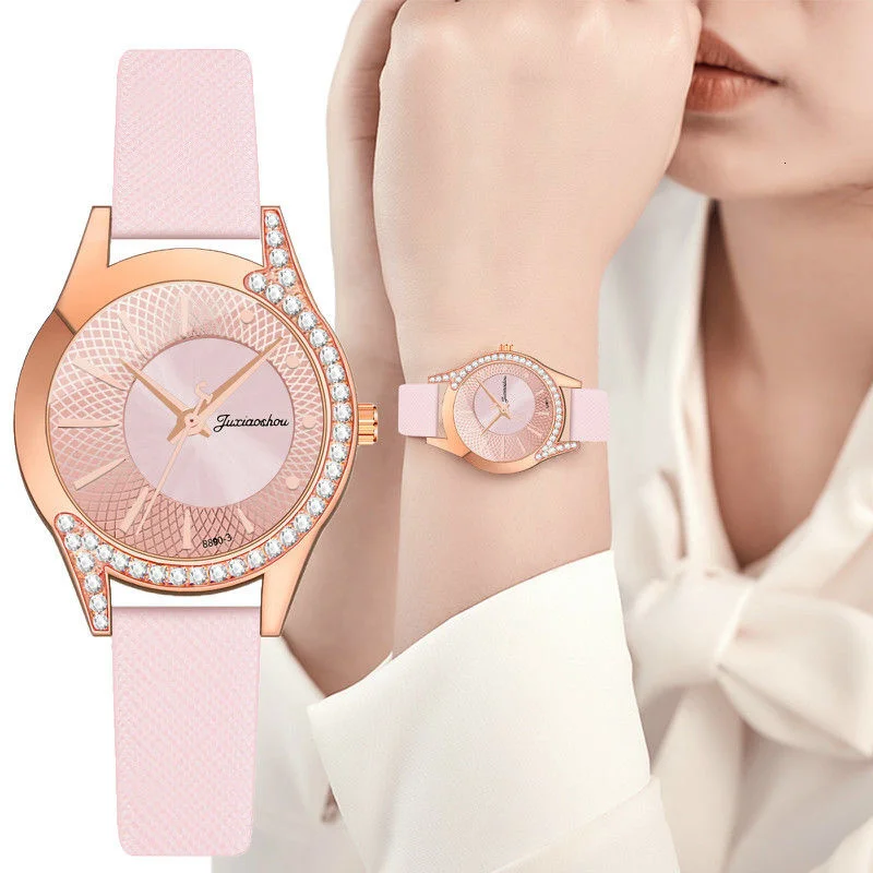 Роскошные модные стразы женские часы свободного покроя кварцевые с кожаным